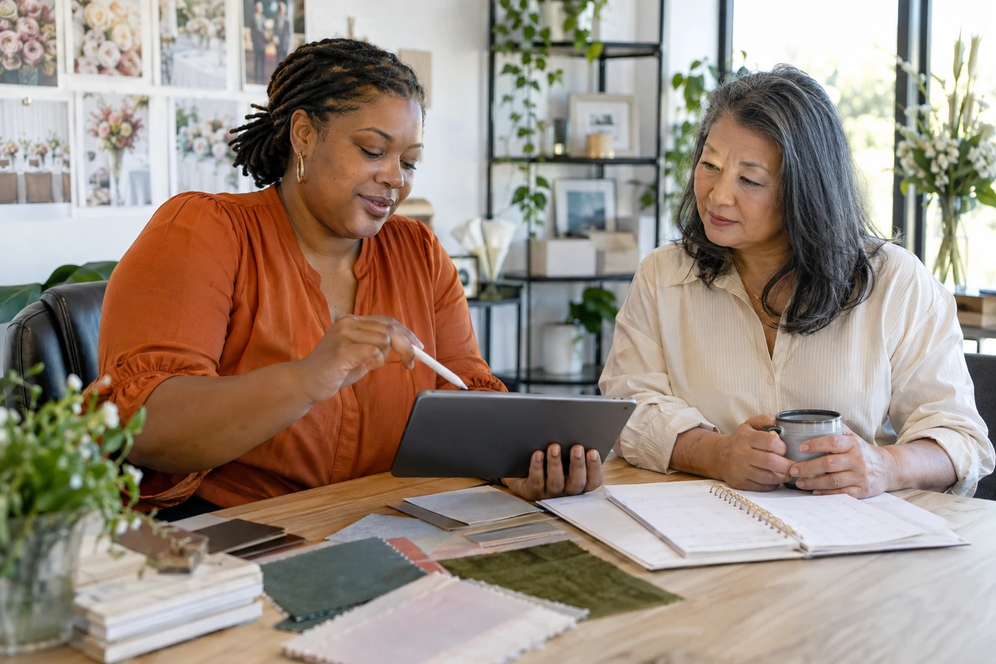 Illustrative scene of a service professional reviewing a client intake form with a customer.