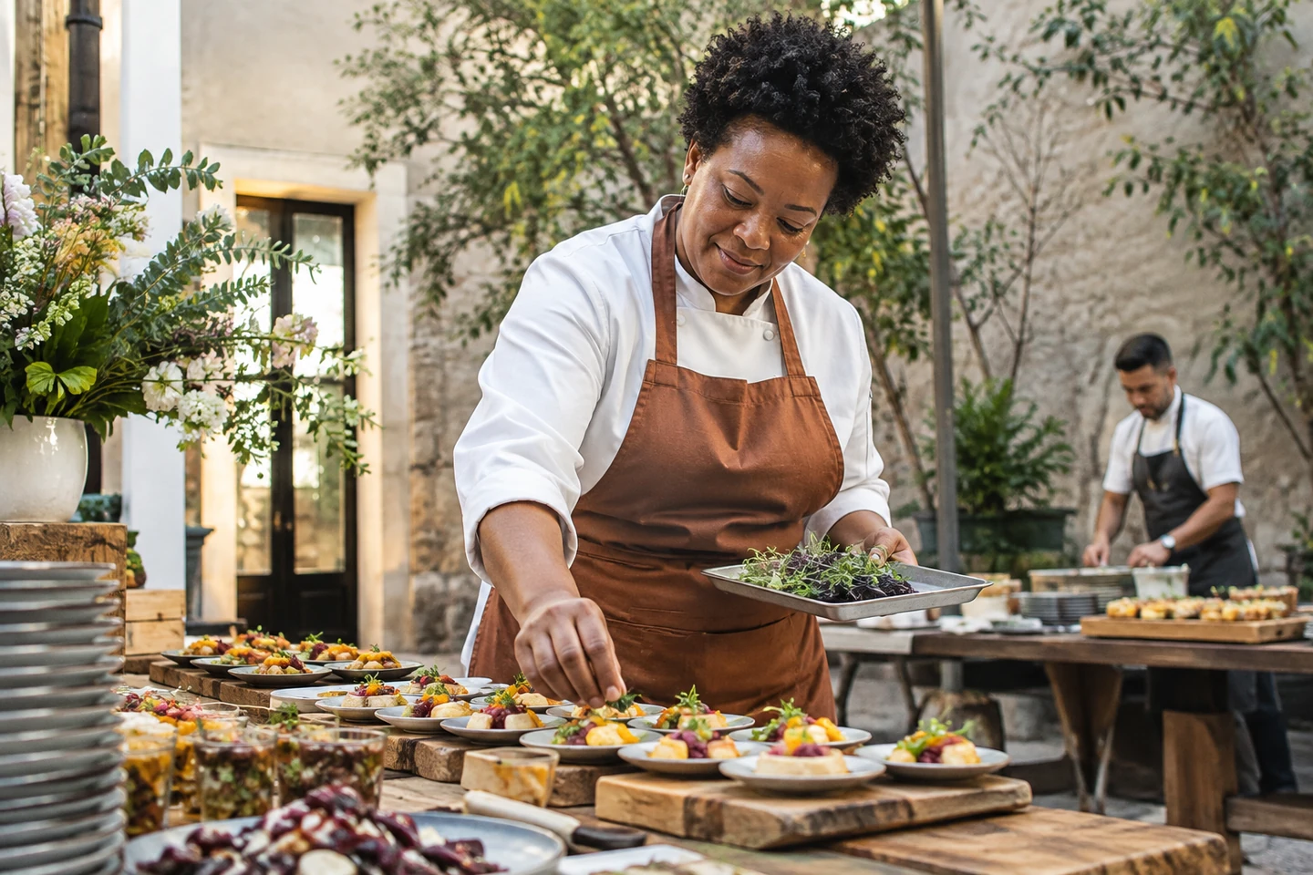 Illustrative scene of a catering professional preparing food for an event.