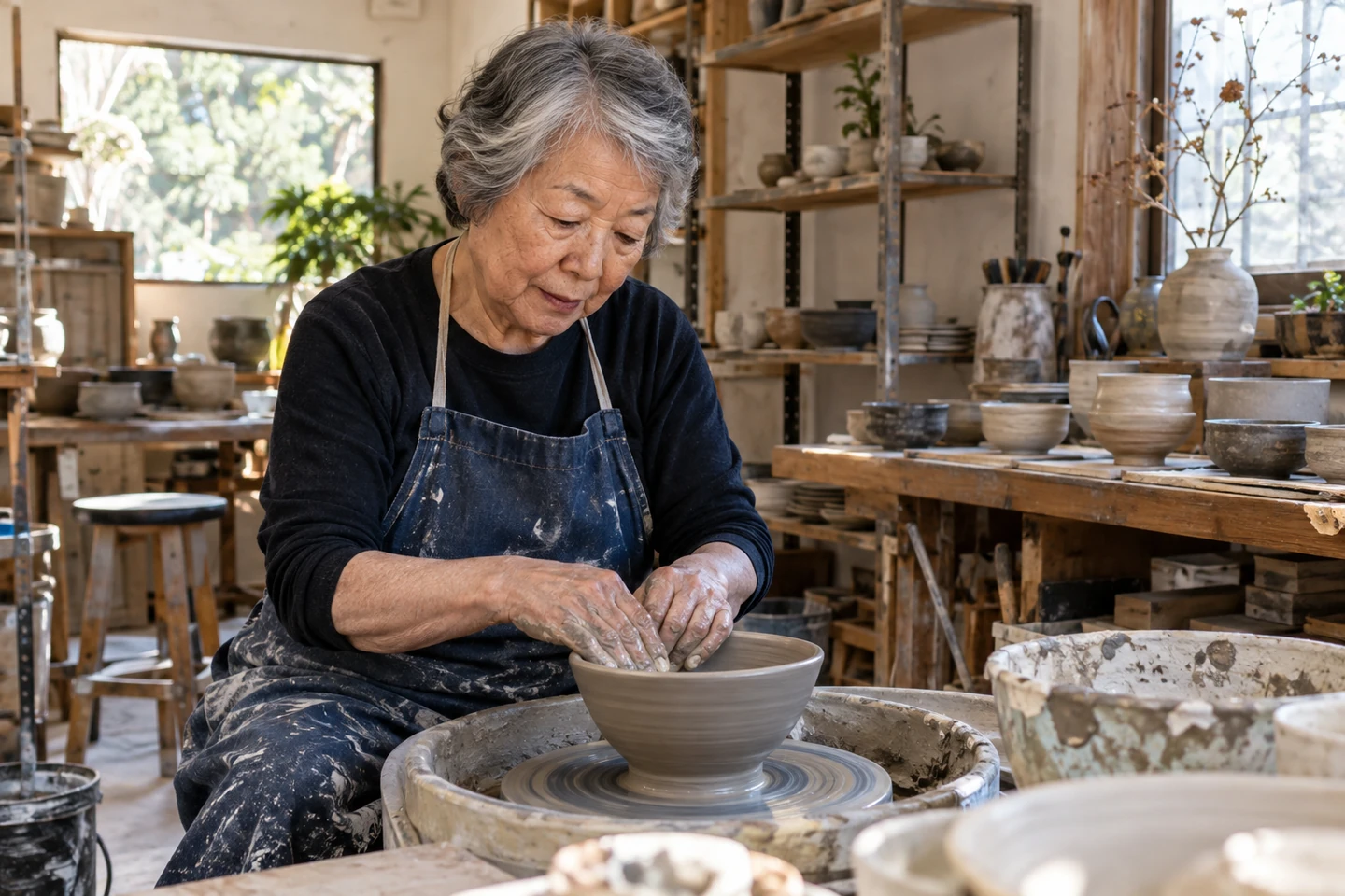 Illustrative scene of a craft professional working with materials in a pottery studio.