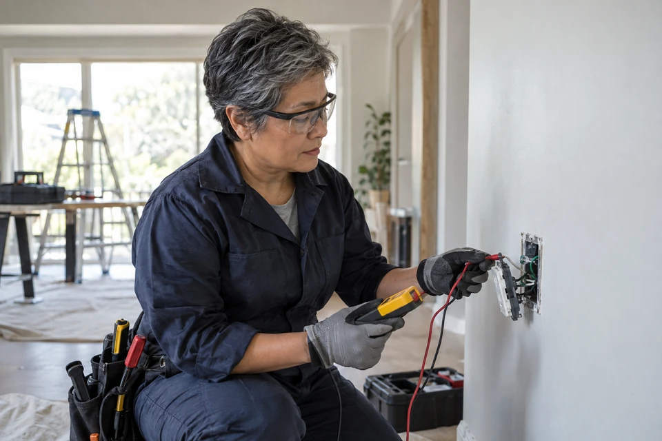 Illustrative electricians work scene.