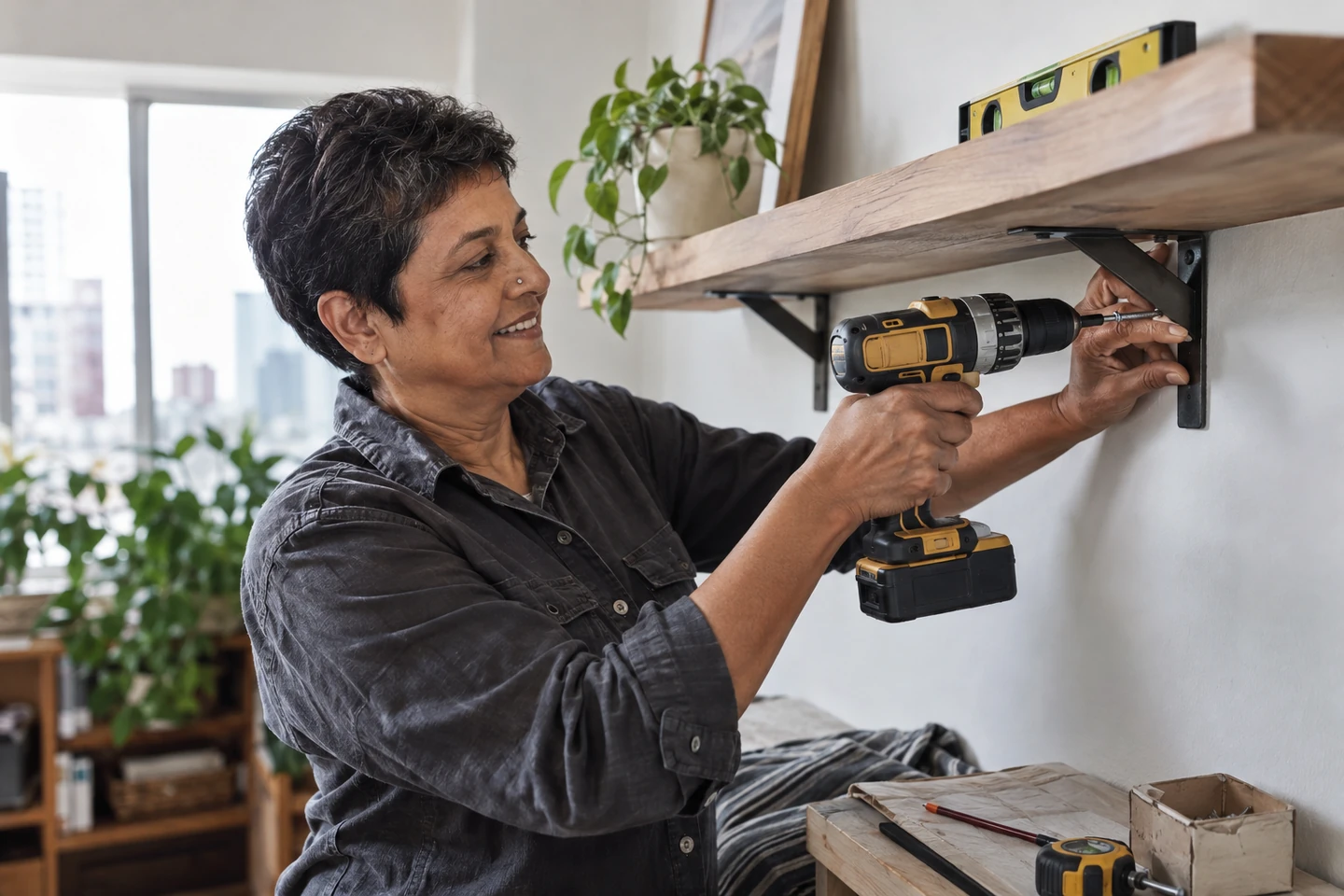 Illustrative scene of a handyman completing a home repair.