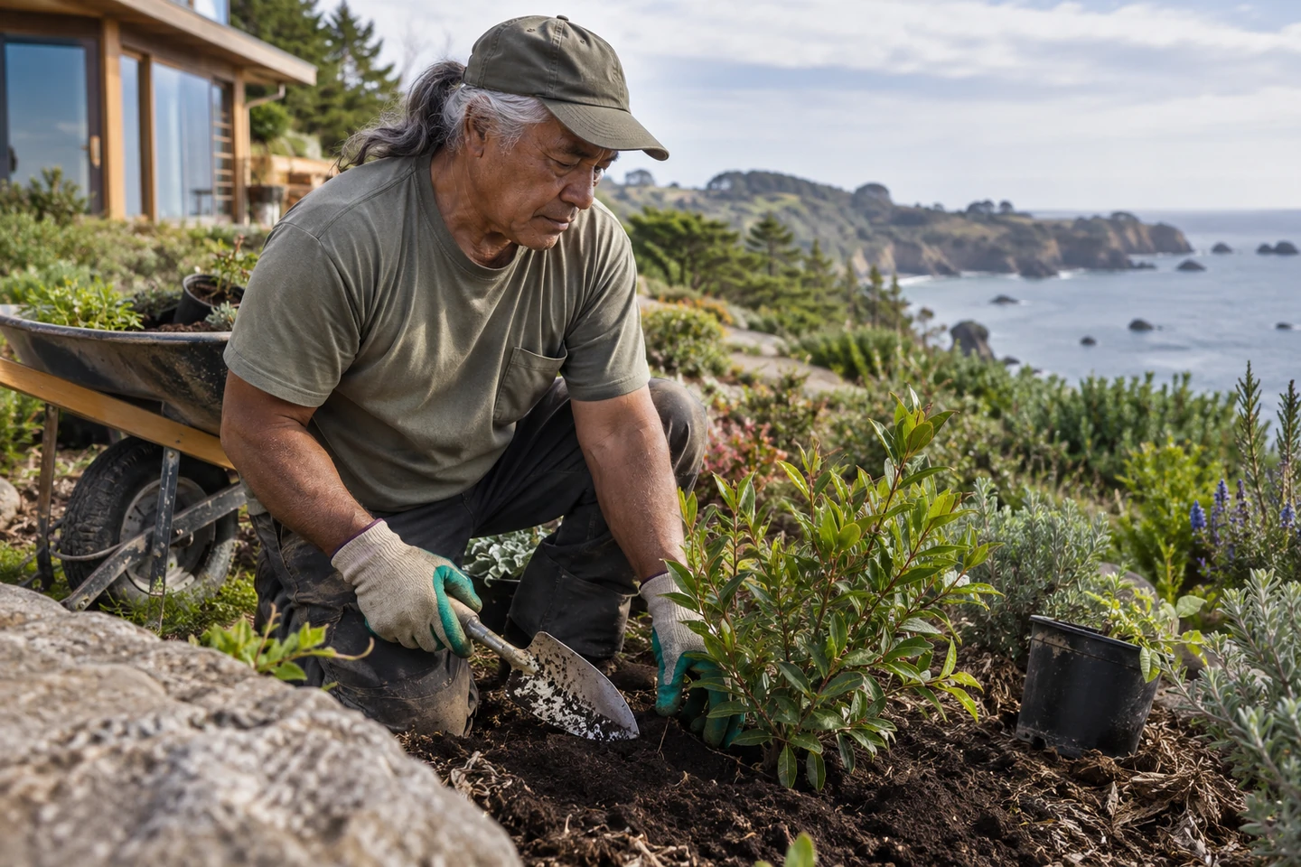 Illustrative scene of a landscaping professional tending a garden.