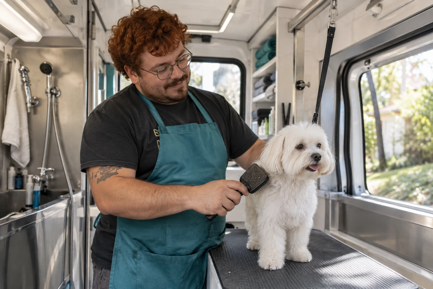 Illustrative scene of a grooming professional caring for a dog in a mobile studio.