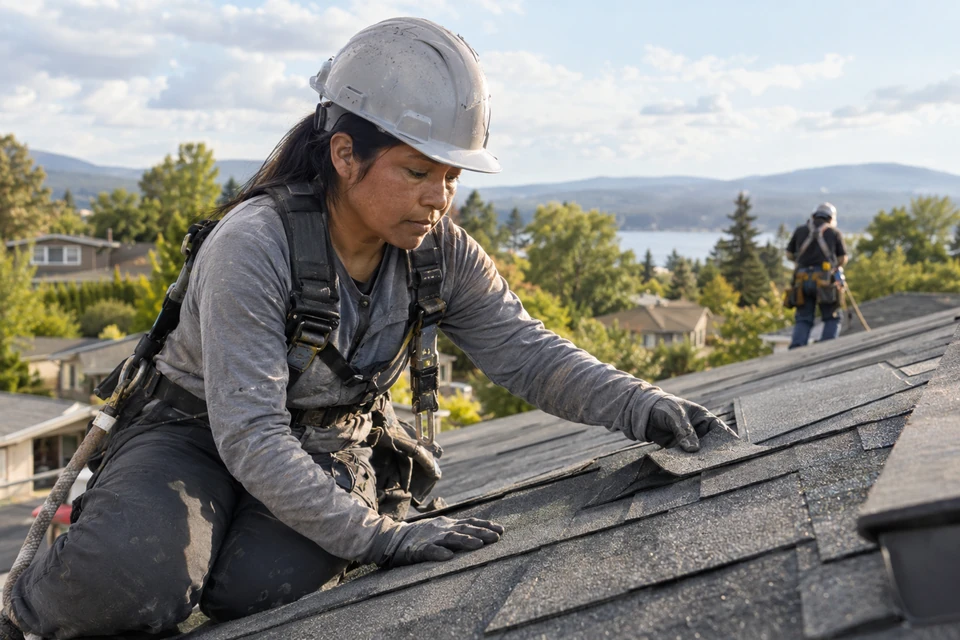 Illustrative roofing work scene.