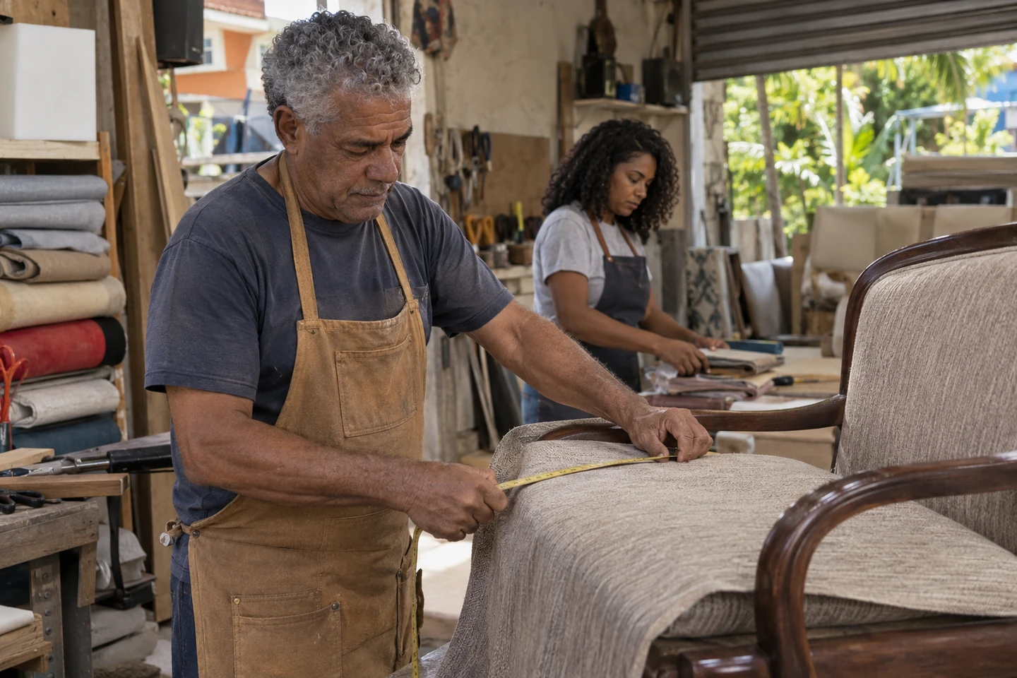 Illustrative scene of a Dominican service-business owner preparing for the workday.