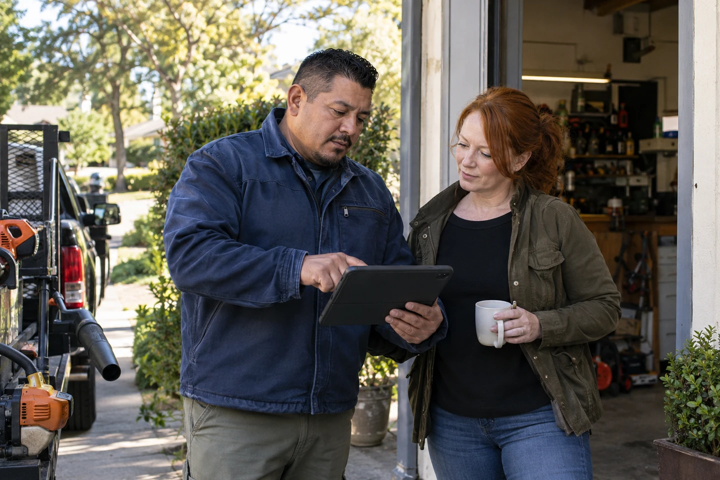 Illustrative scene of a service-business owner in the United States organizing customer work.