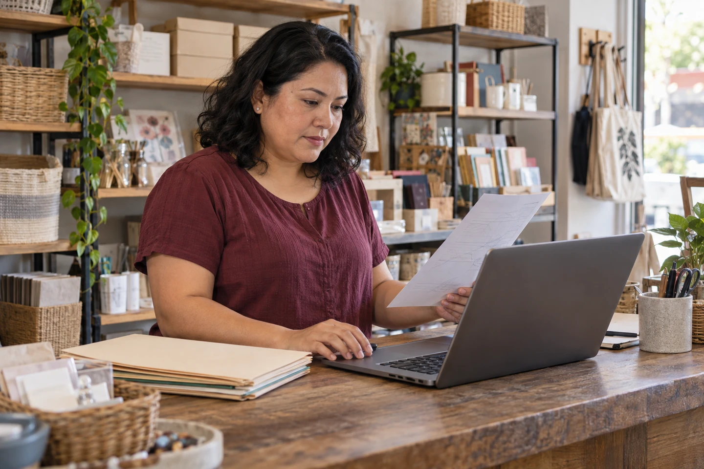 Illustrative scene of a business owner organizing records beside a laptop.