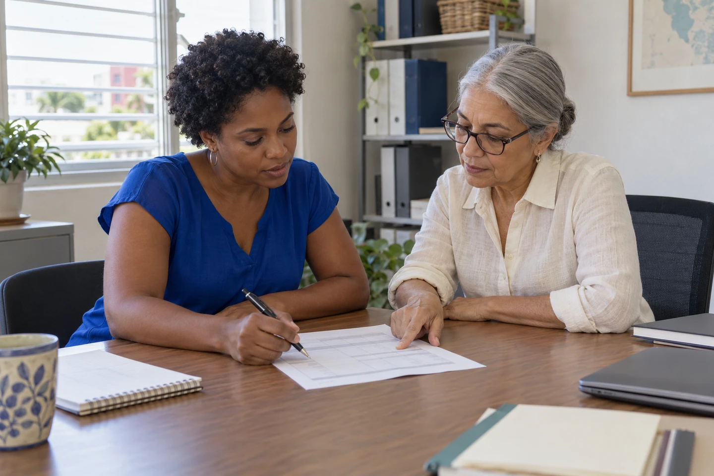 Illustrative scene of a business owner and advisor reviewing invoice records in Puerto Rico.