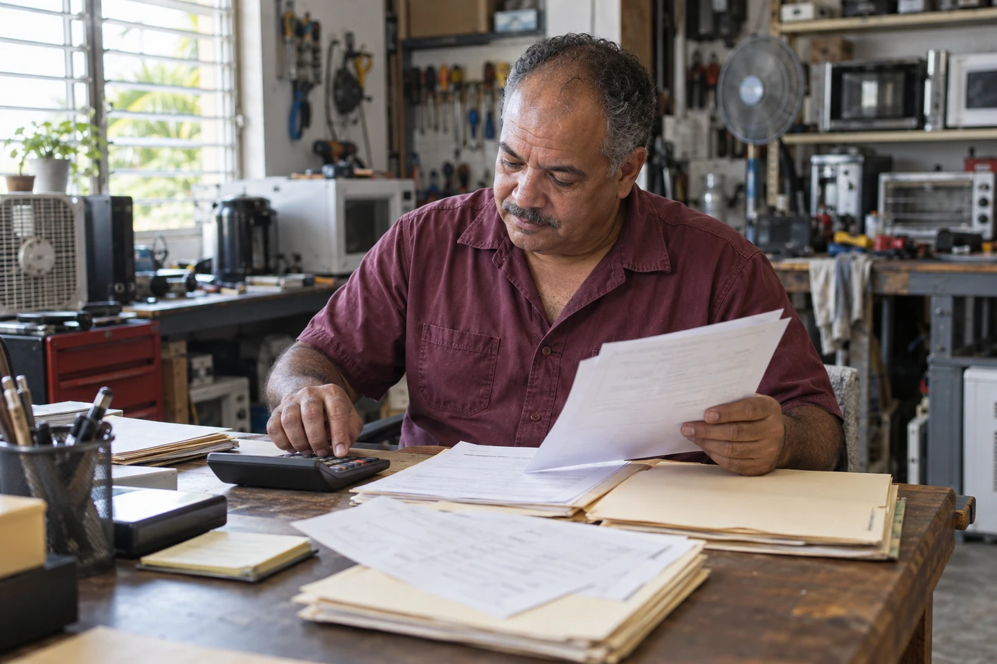 Illustrative scene of a service professional reviewing invoice follow-up at a desk.