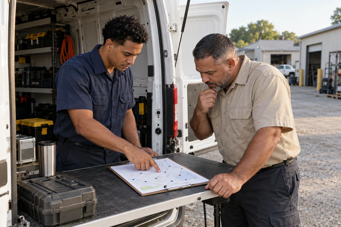 Illustrative scene of a service crew reviewing the stops for a field day.