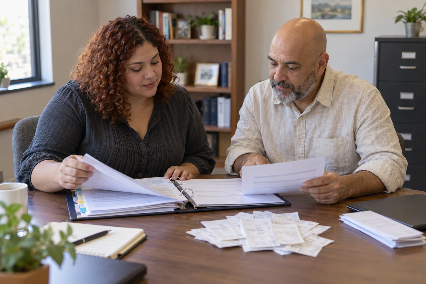 Illustrative scene of a business owner preparing records with an accountant.
