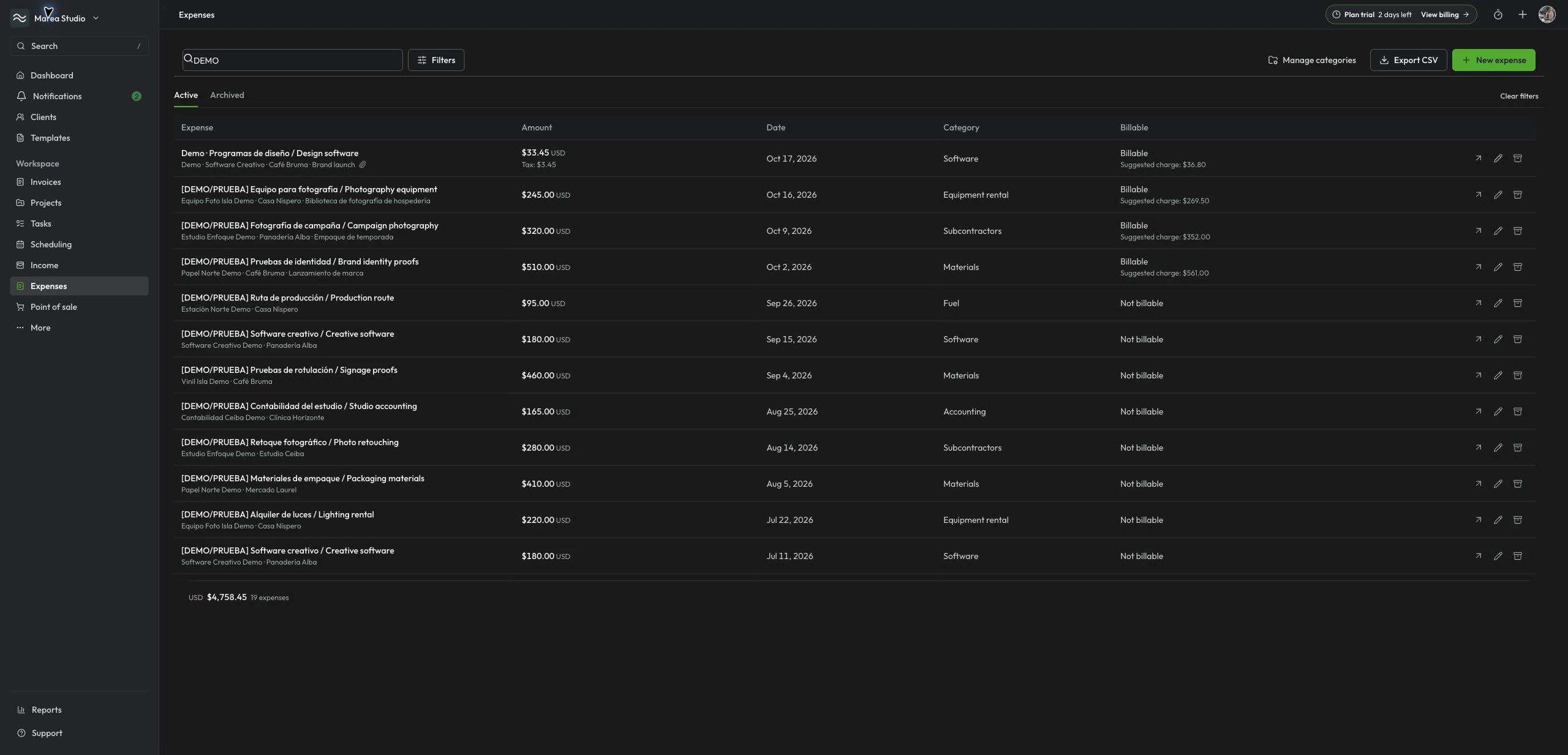 Mantuno Expenses register with categorized business costs, recorded dates, amounts, and billable status.