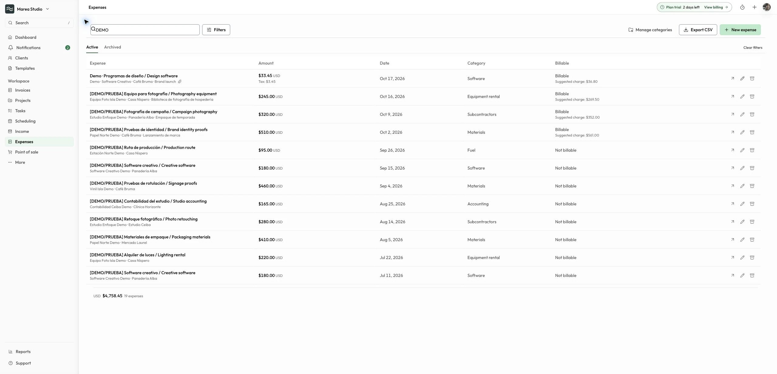 Mantuno Expenses register with categorized business costs, recorded dates, amounts, and billable status.