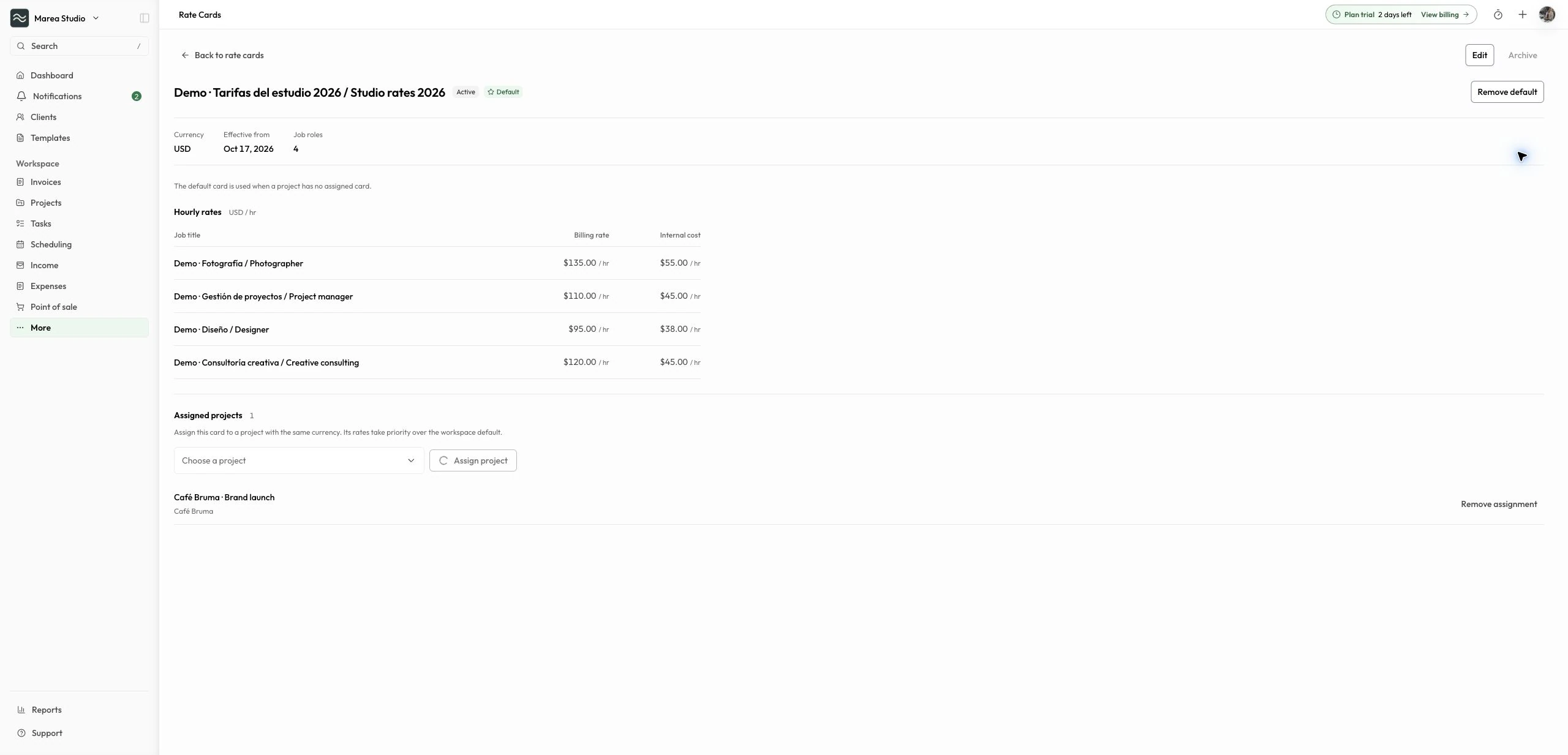 Mantuno Rate Card with job roles, hourly billing rates, private internal costs, currency, effective date, and an assigned project.