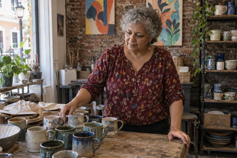 Illustrative business owner reviewing materials in an urban studio.