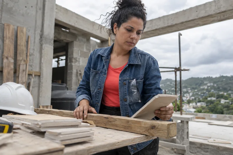Illustrative project lead reviewing materials at an outdoor work site.