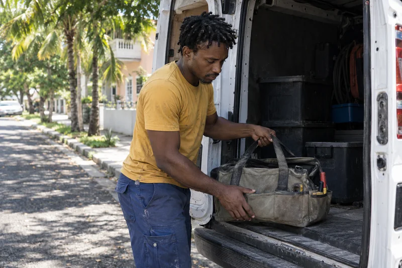 Illustrative service professional preparing equipment beside a work van.