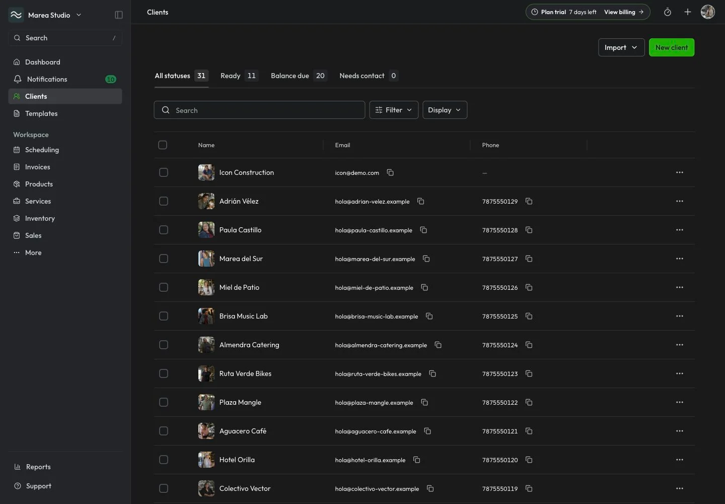 Mantuno client register with example clients, contact details, and balances.