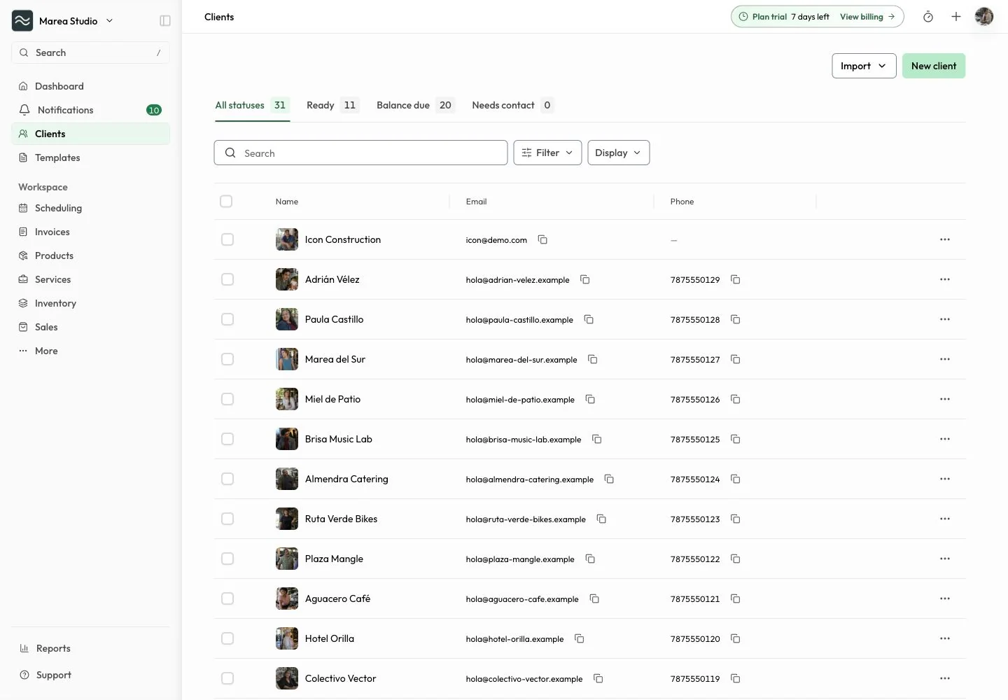 Mantuno client register with example clients, contact details, and balances.