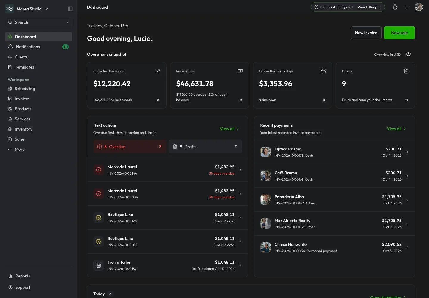 Mantuno business dashboard with payments and upcoming actions.