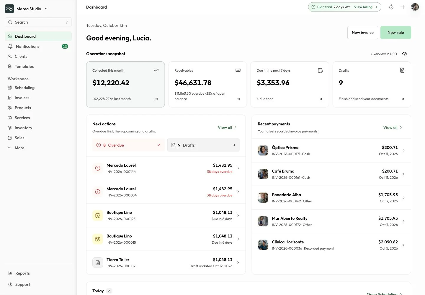 Mantuno business dashboard with payments and upcoming actions.