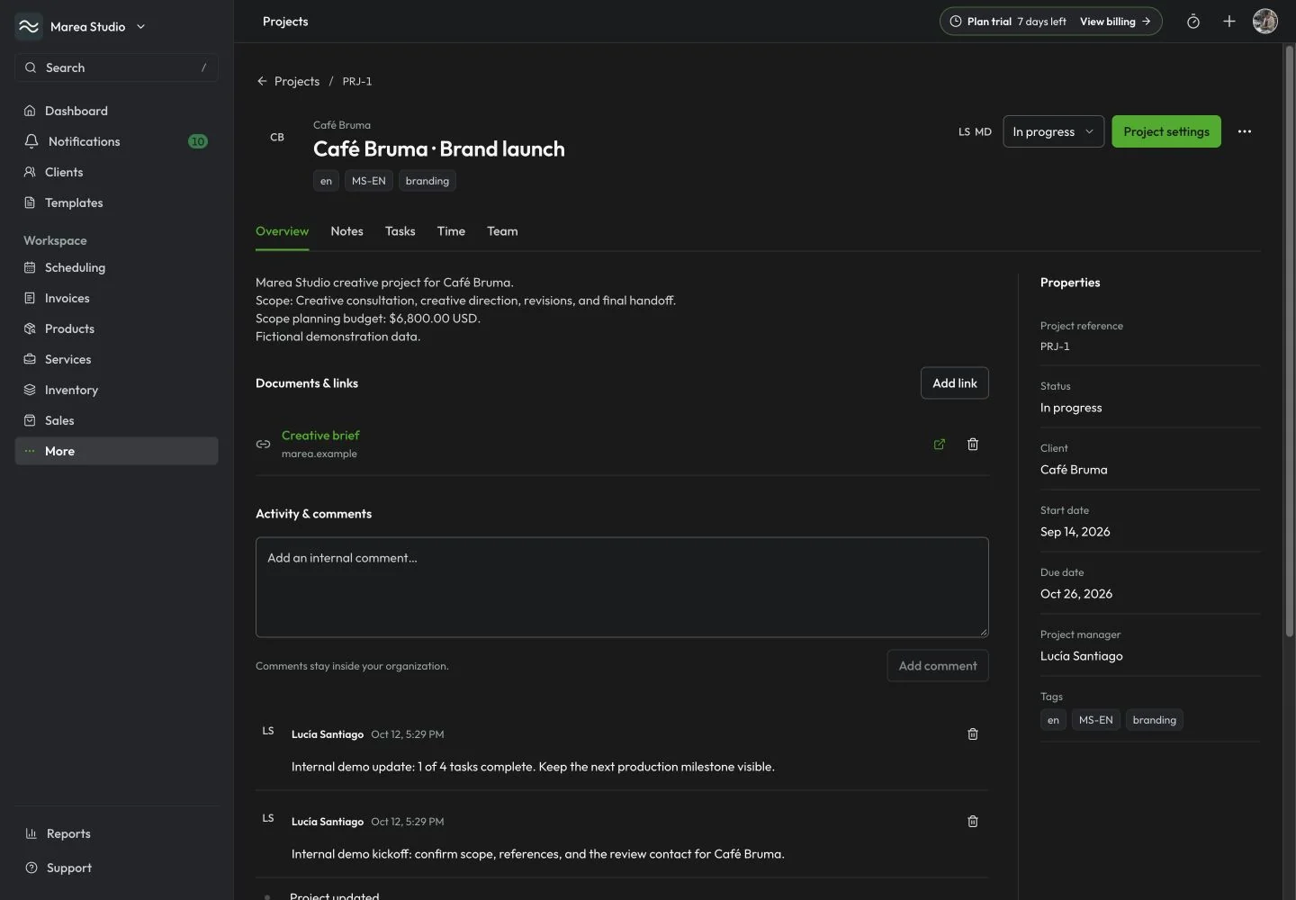 Mantuno project overview with an example client, project dates, tasks, and team assignments.