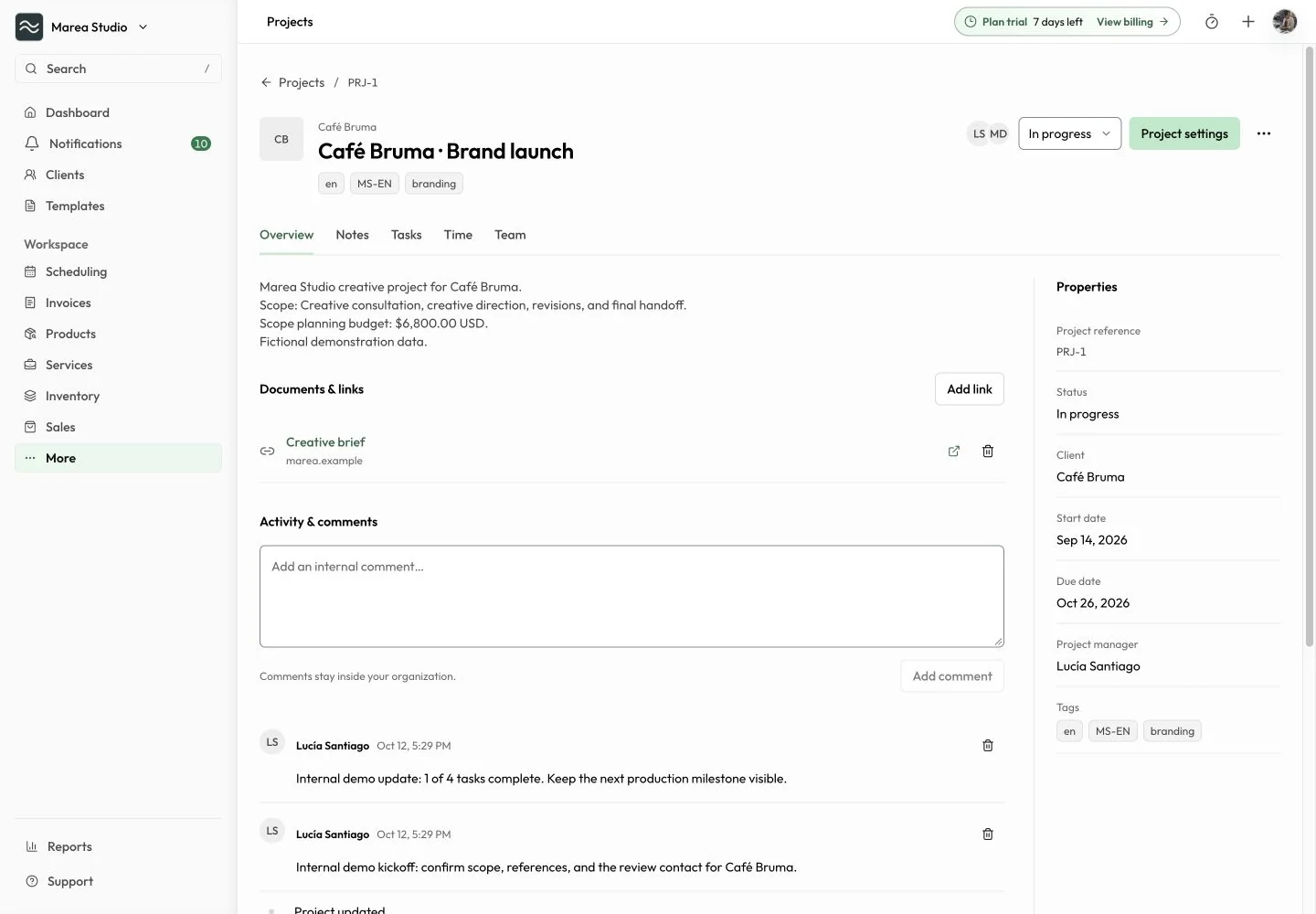 Mantuno project overview with an example client, project dates, tasks, and team assignments.
