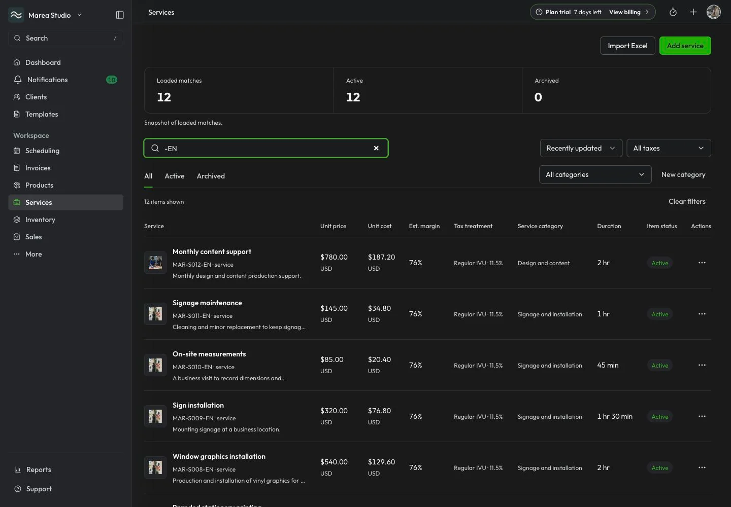 Mantuno service catalog with reusable services and pricing.