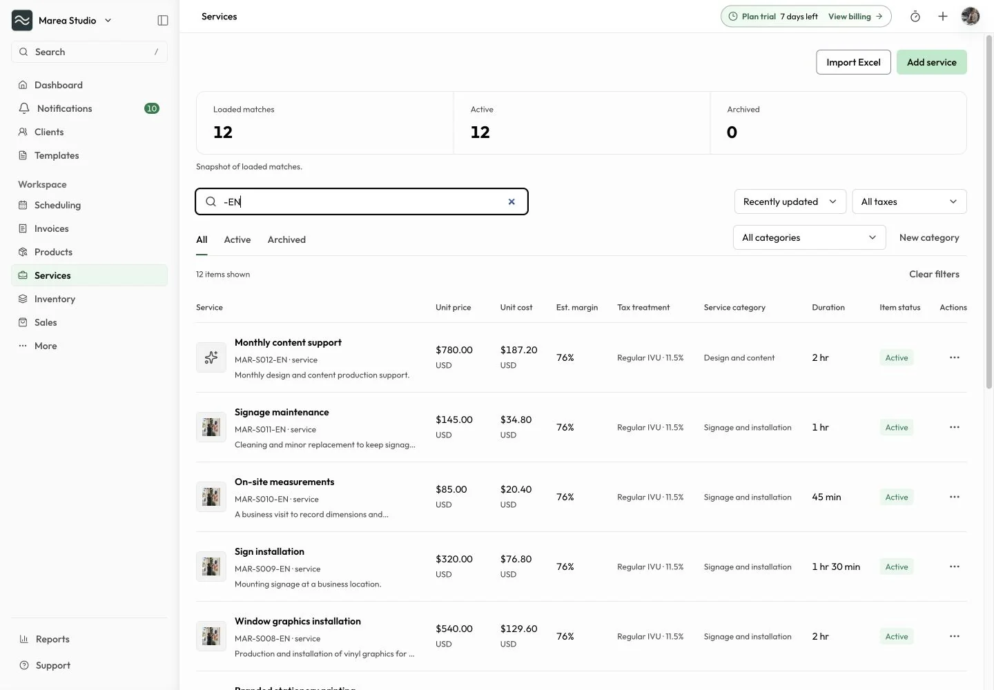 Mantuno service catalog with reusable services and pricing.