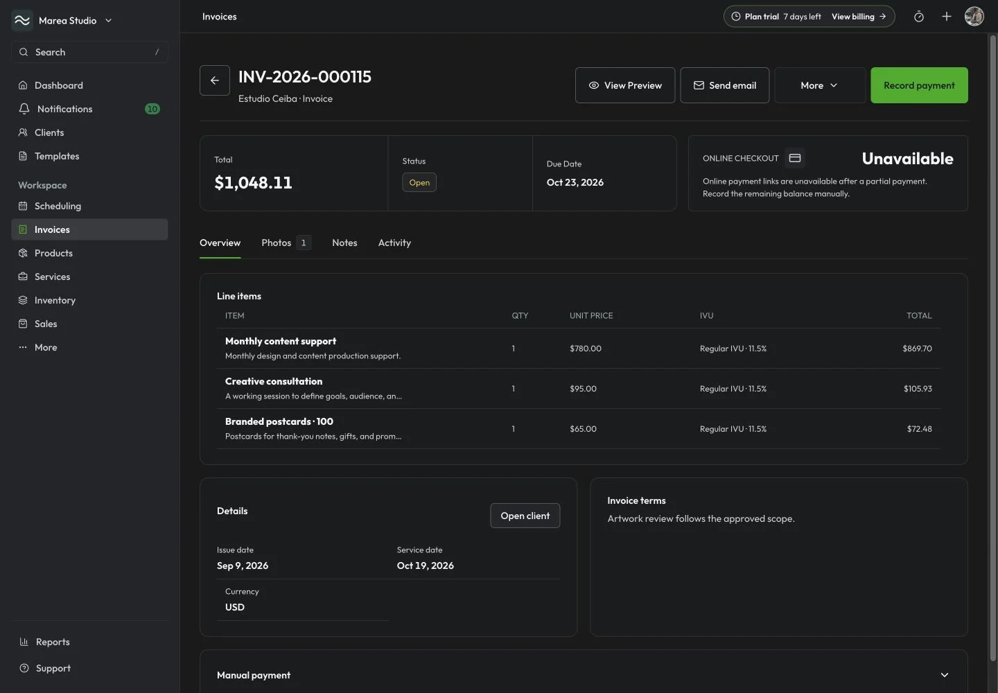 Mantuno invoice detail showing example service items, totals, balance, and document actions.
