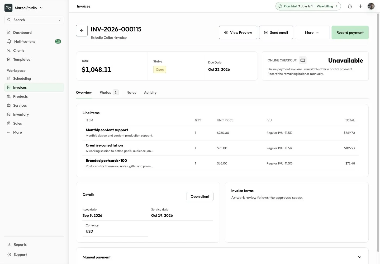 Mantuno invoice detail showing example service items, totals, balance, and document actions.