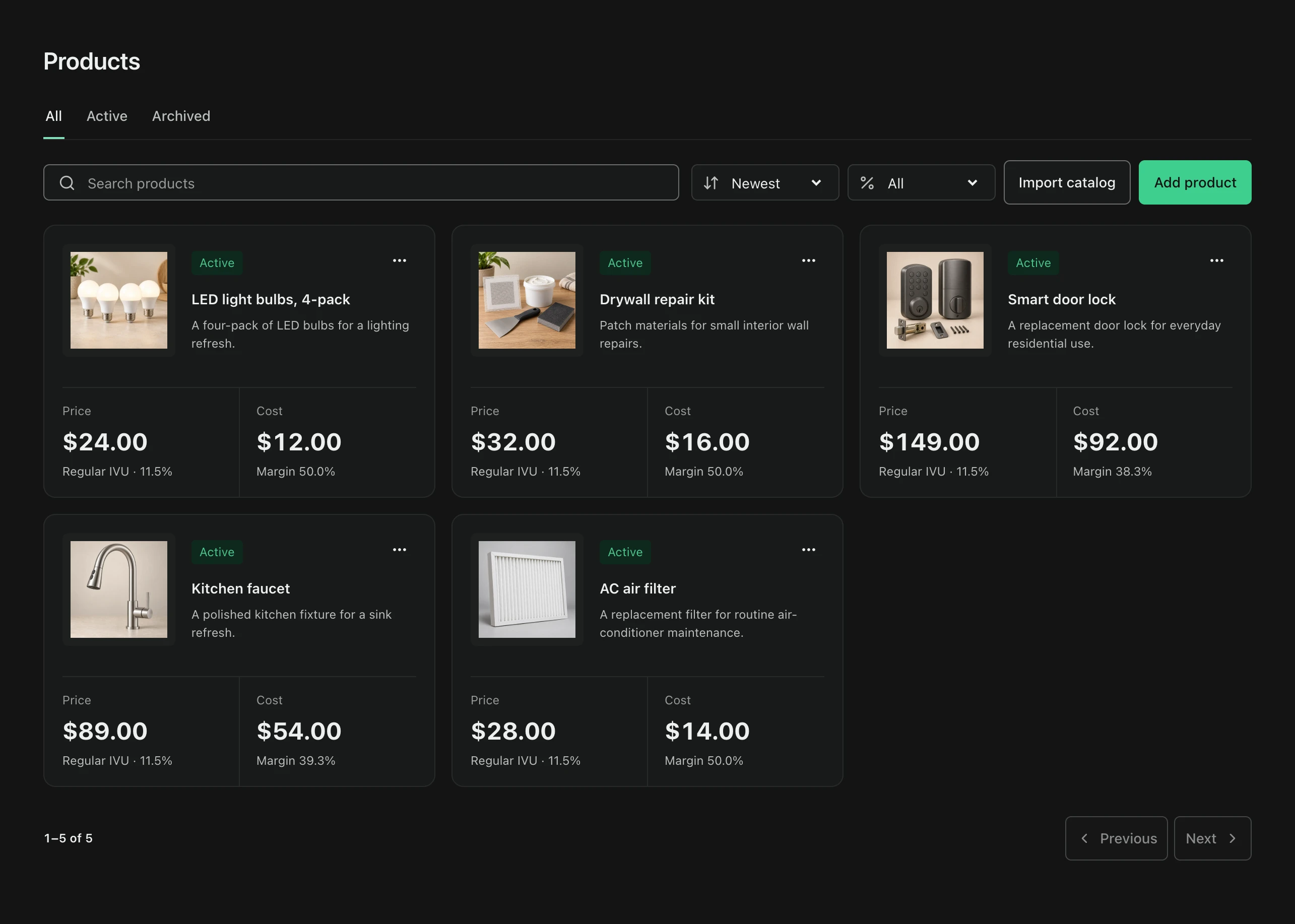 FacturaOS product catalog showing products, prices, and tax treatment.