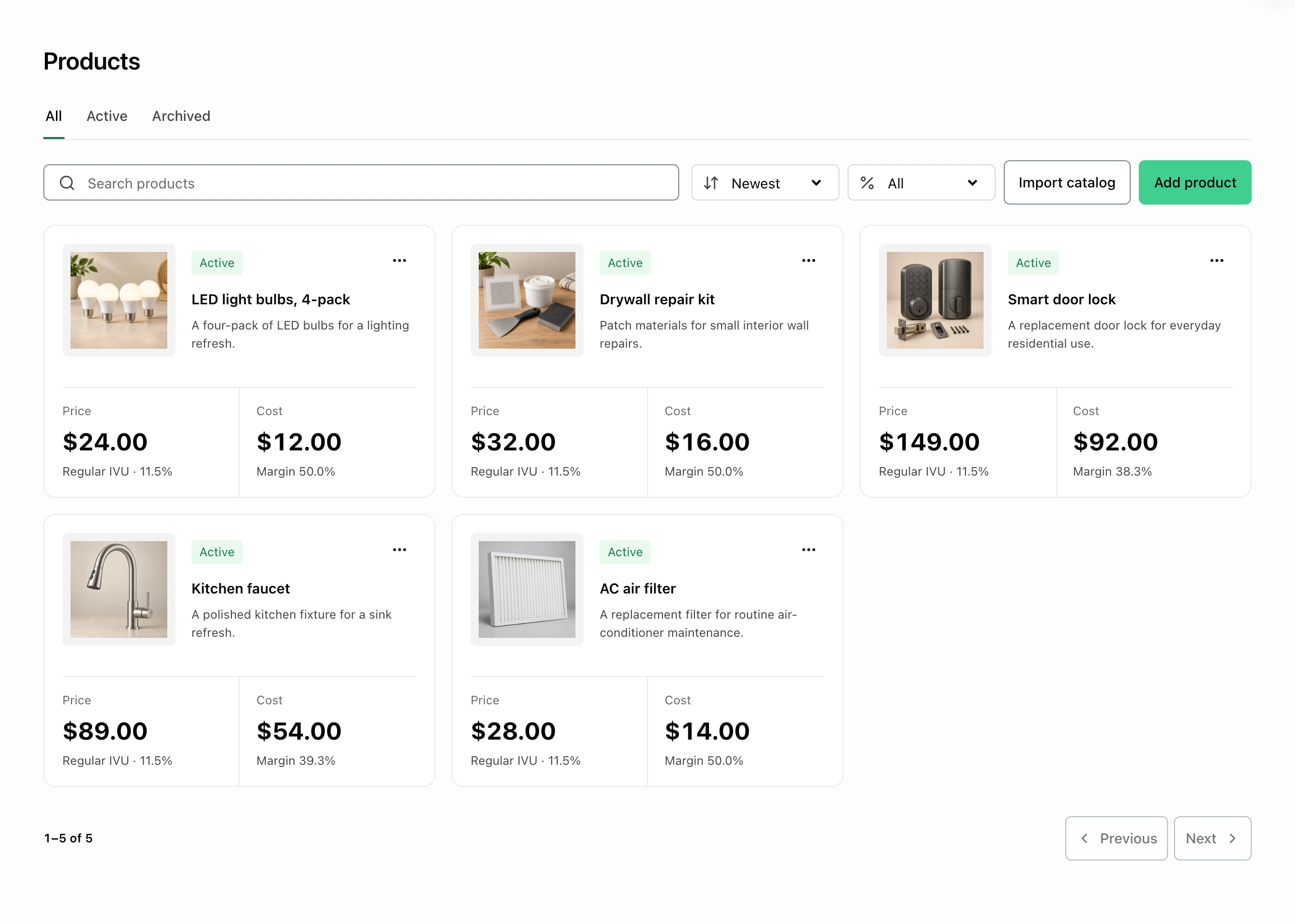 FacturaOS product catalog showing products, prices, and tax treatment.