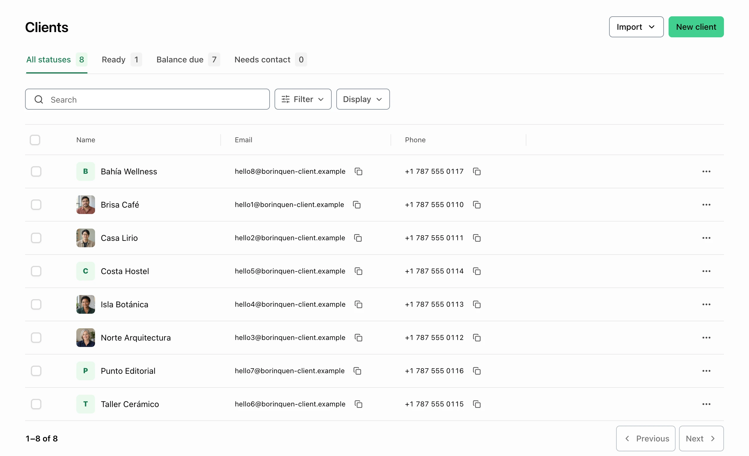FacturaOS client register with contact details, service locations, and outstanding balances.