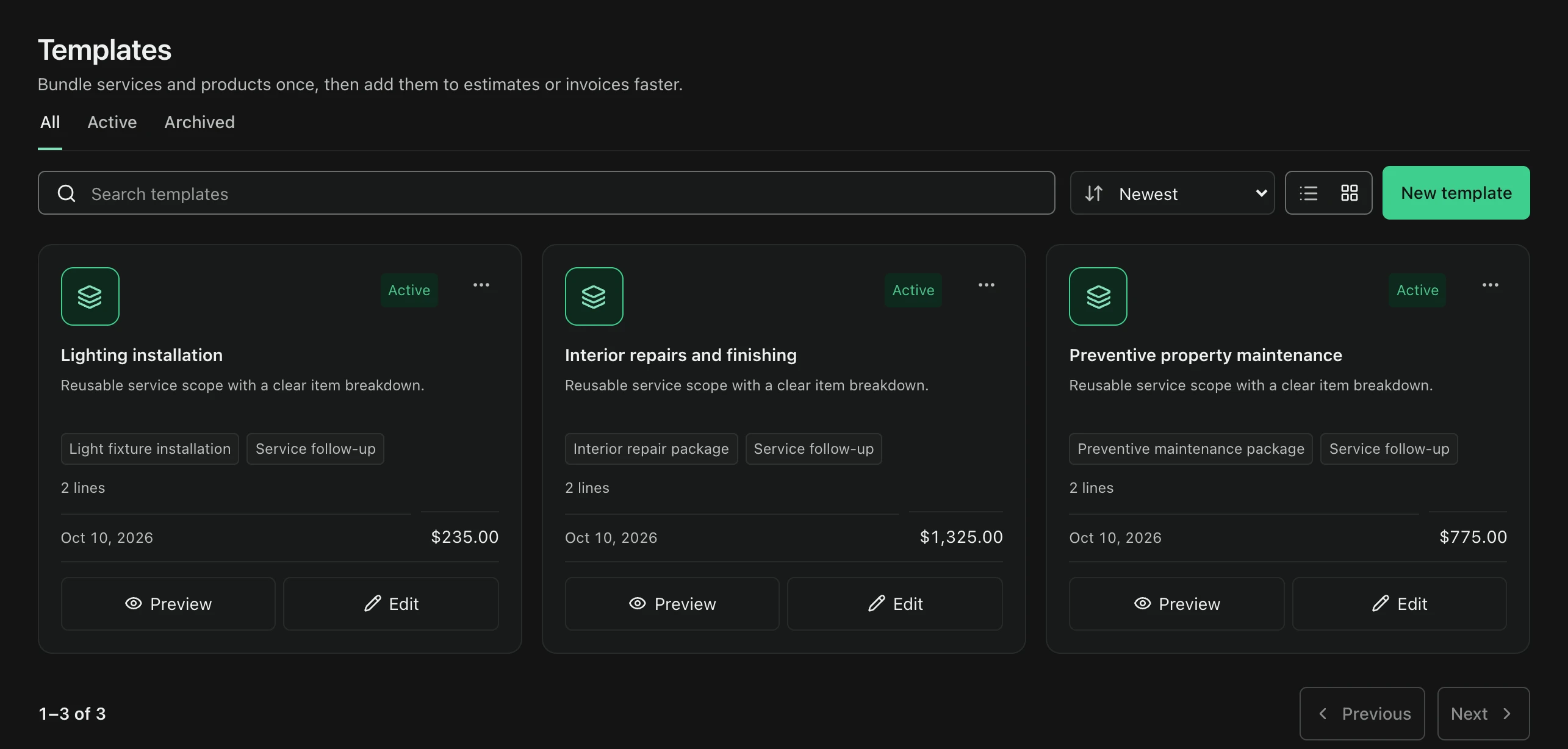 FacturaOS reusable invoice templates with saved line items and totals.