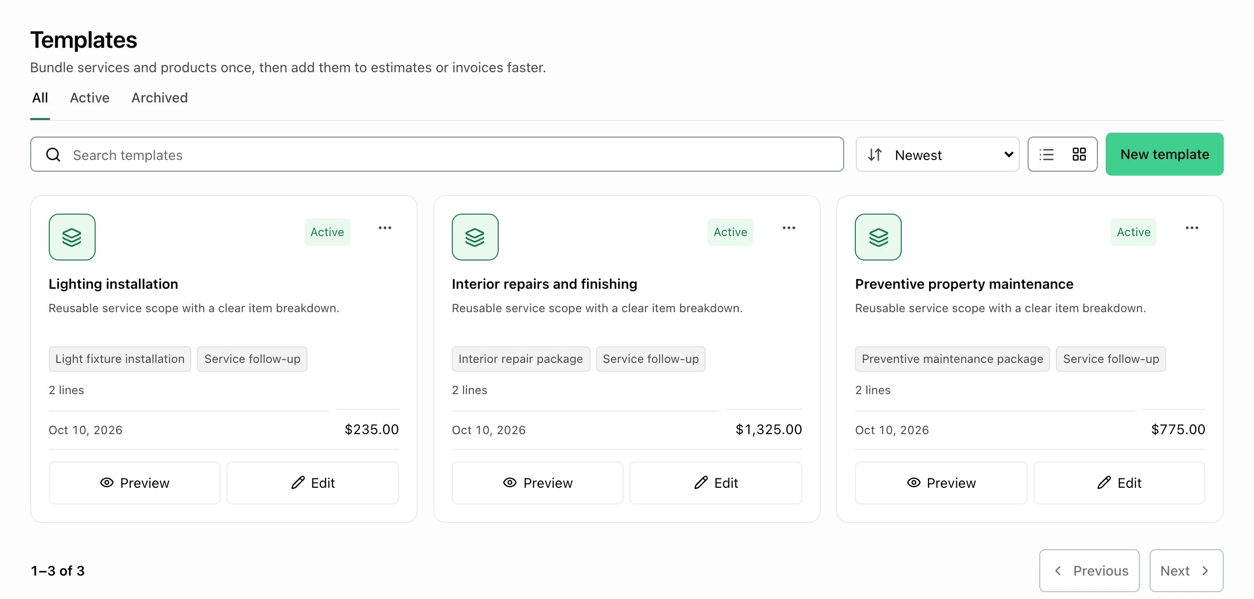 FacturaOS reusable invoice templates with saved line items and totals.