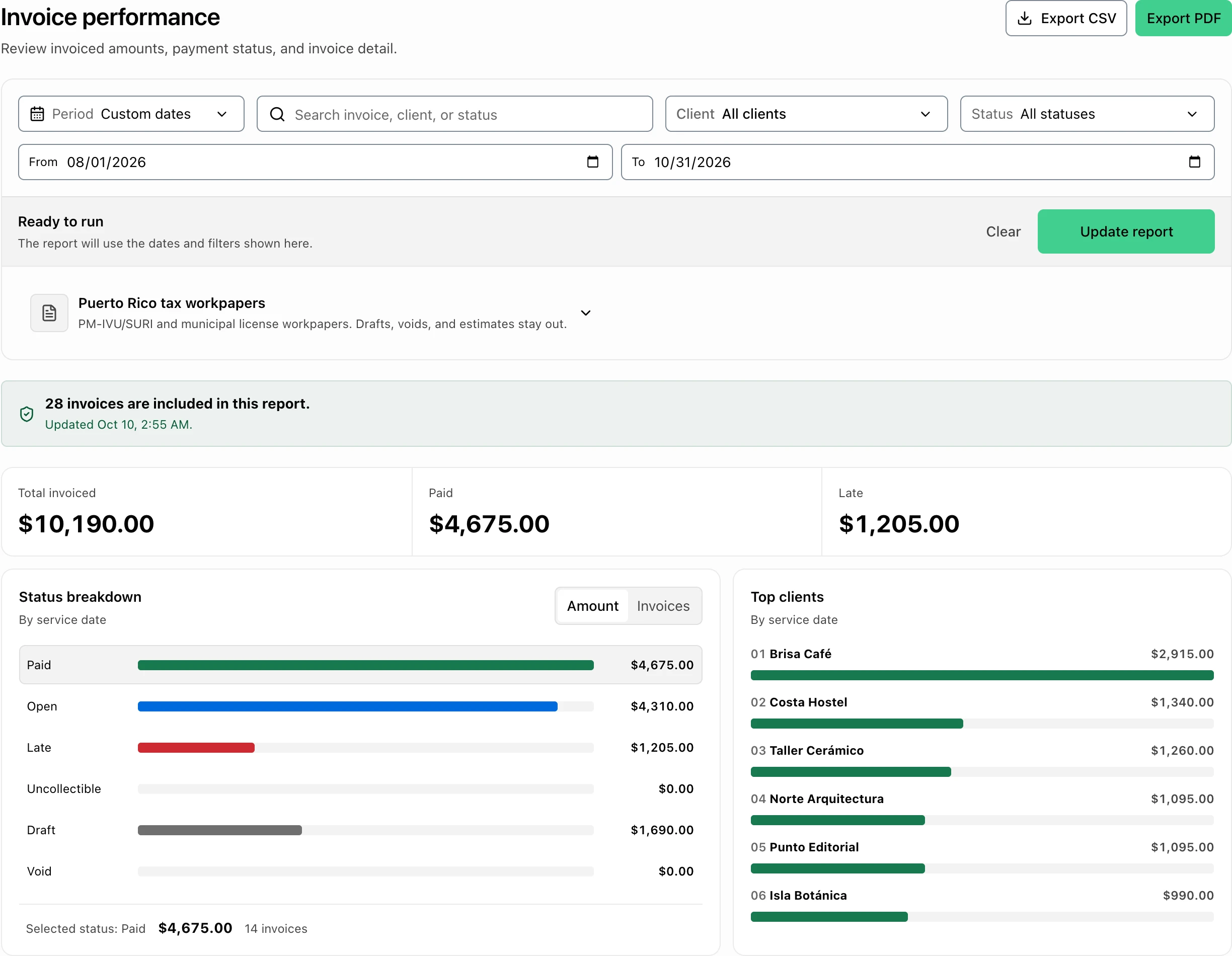 FacturaOS reports workspace showing invoice and payment data.