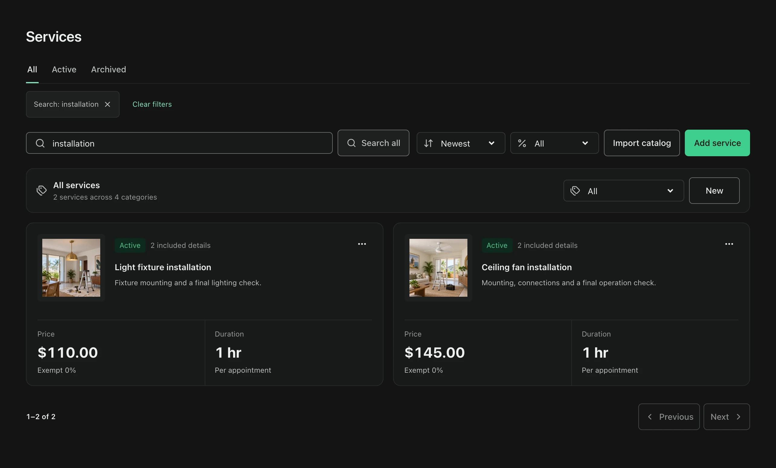 FacturaOS service catalog showing services, prices, and durations.