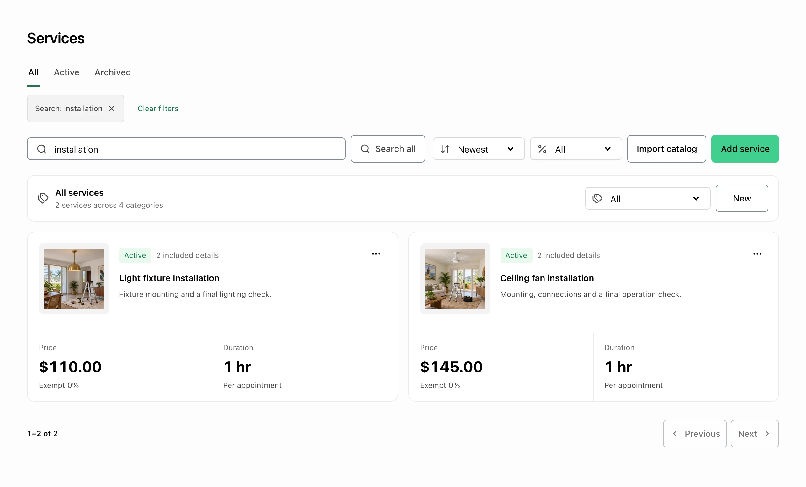 FacturaOS service catalog showing services, prices, and durations.