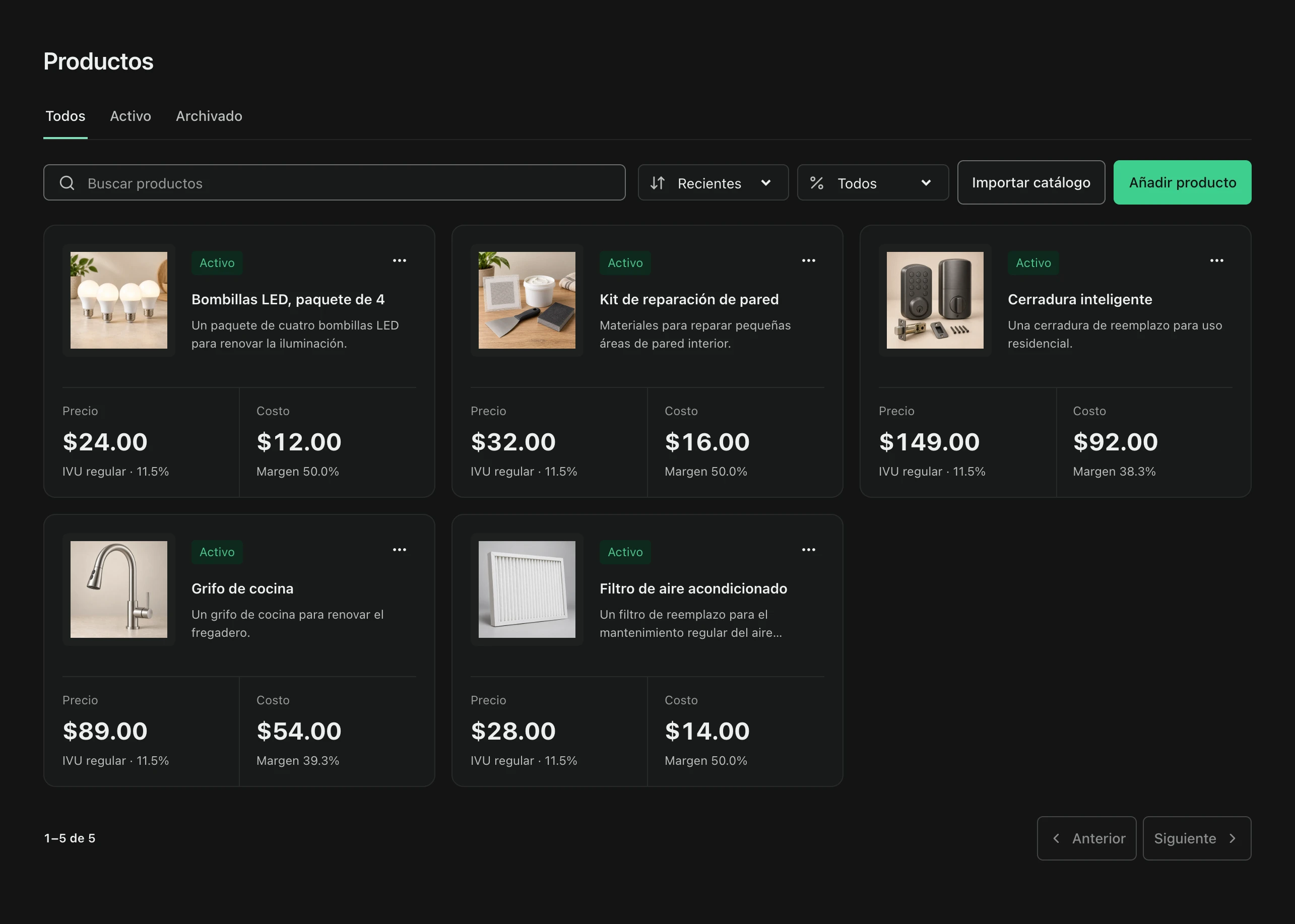 Catálogo de productos de FacturaOS con productos, precios y tratamiento contributivo.