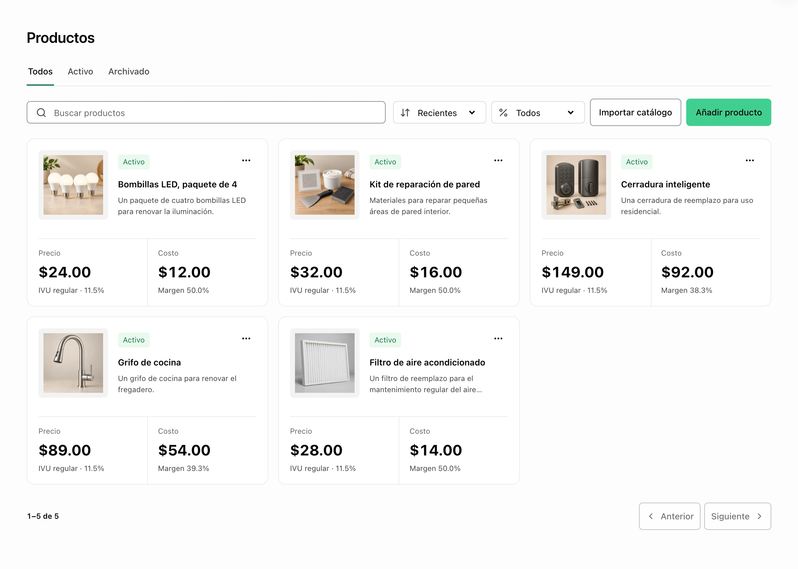 Catálogo de productos de FacturaOS con productos, precios y tratamiento contributivo.
