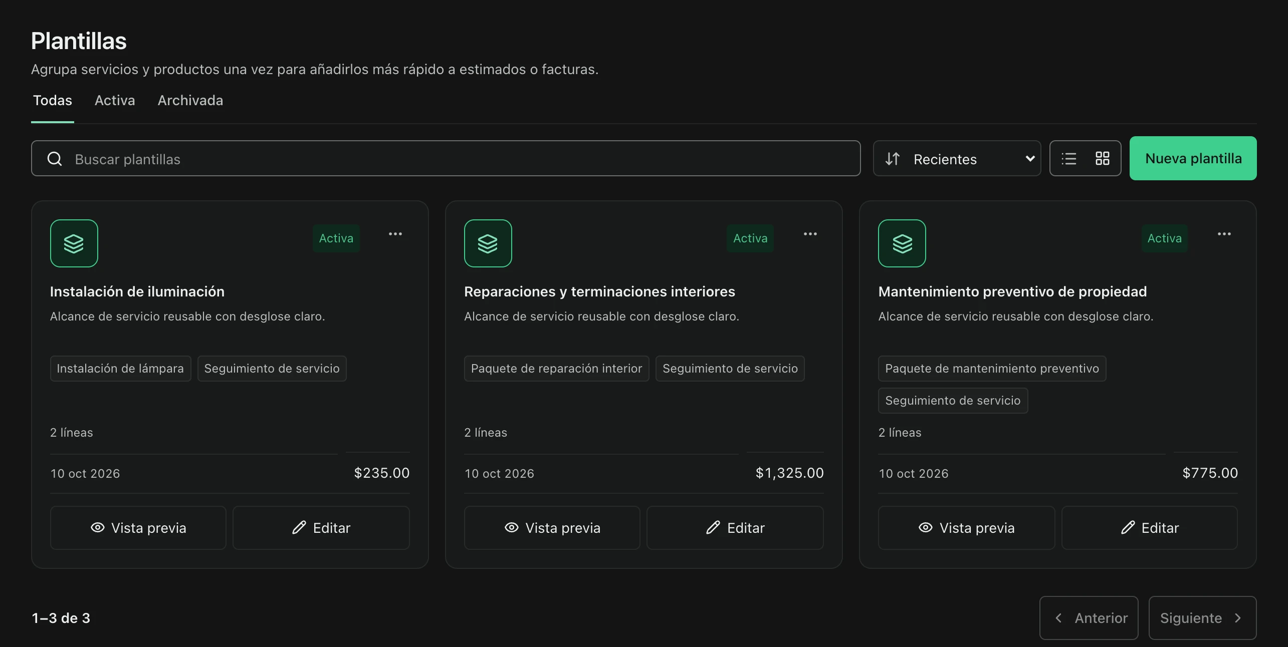 Plantillas reutilizables de FacturaOS con partidas guardadas y totales.
